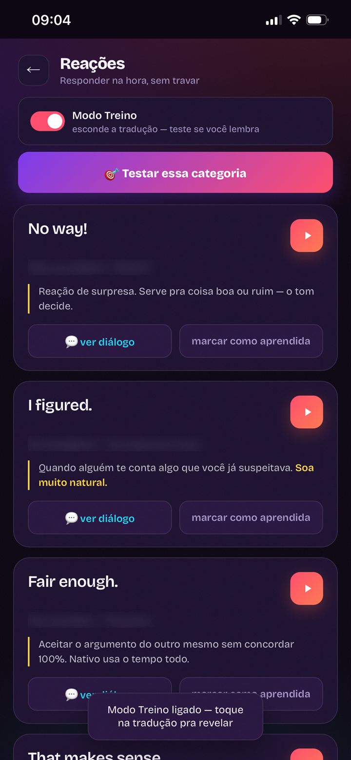 Modo Treino esconde a tradução